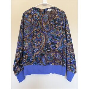 Vintage VTG Castlebrook Purple Geometric Paisley Ribbed Cuff Blouse Shirt Top 14